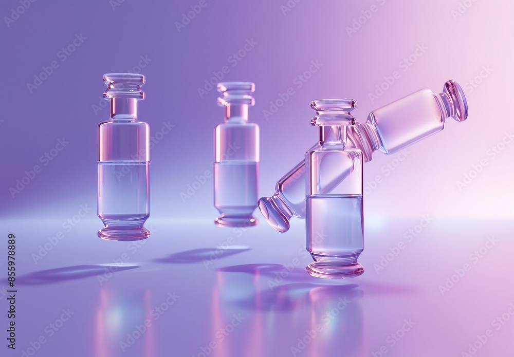 3D rendering of an abstract purple background with an inert vaccine bottle without a label being thrown in the air 3D rendering of an abstract purple background with an inert vaccine bottle without a label being thrown in the air