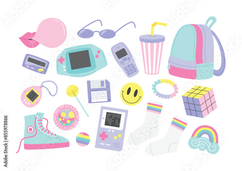 90s retro elements set. Collection of retro lifestyle accessories and fashion elements illustrations
