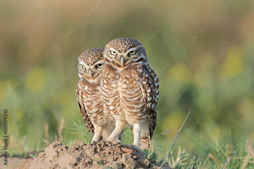 A burrowing owl grooms its mate while they stand on their nest burrow mound. Front view of one owl with face showing and side view of the other with grass in the background A burrowing owl grooms its mate while they stand on their nest burrow mound. Front view of one owl with face showing and side view of the other with grass in the background