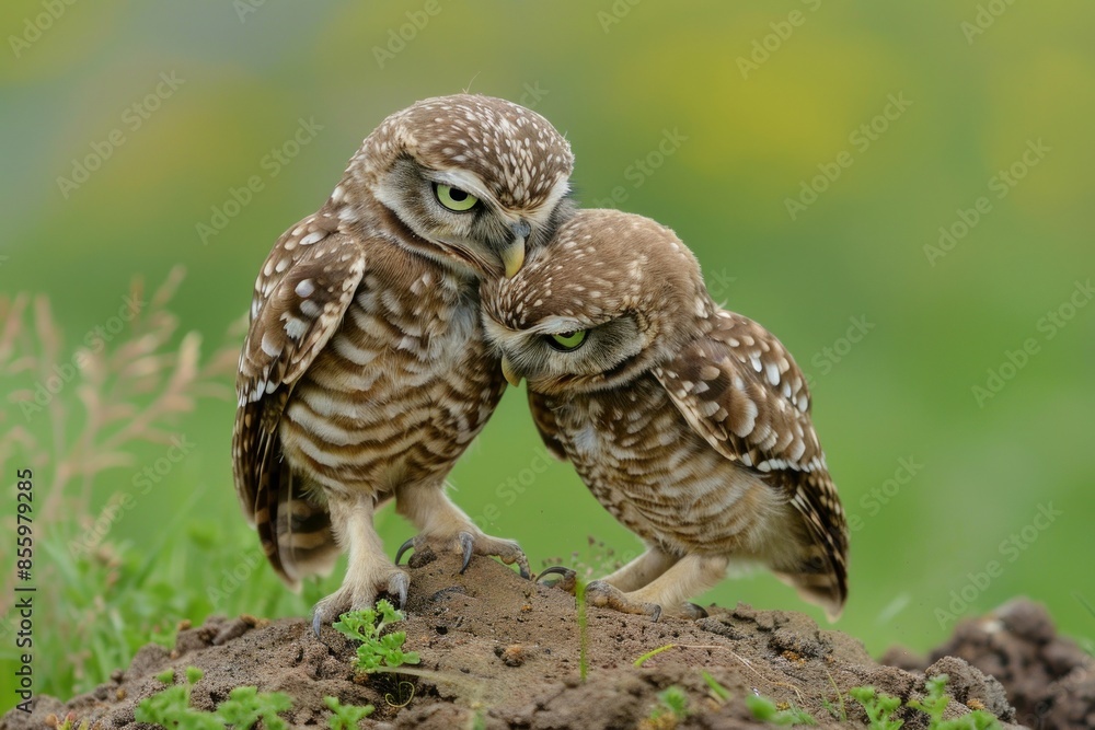A burrowing owl grooms its mate while they stand on their nest burrow mound. Front view of one owl with face showing and side view of the other with grass in the background A burrowing owl grooms its mate while they stand on their nest burrow mound. Front view of one owl with face showing and side view of the other with grass in the background