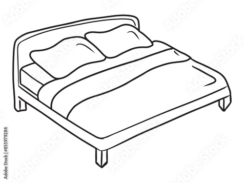 Double bed with bedspread and two pillows in black isolated on white background. Hand drawn vector sketch illustration in doodle engraved line art vintage style. Concept of bedroom, sleep