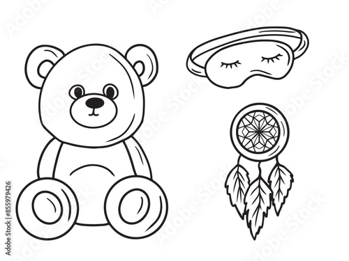 Concept of good sleep, accessory for slumber breathing bear toy Soothe 'n Snuggle, sleeping mask and catcher of dreams. Hand drawn vector sketch illustration in doodle engraved line art vintage