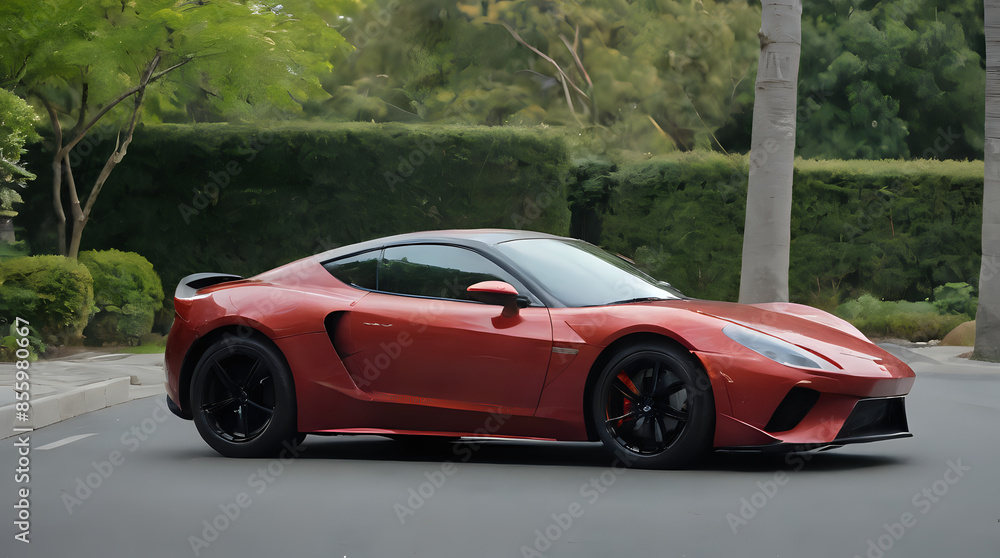 a red sports car driving down a street with trees in the background a red sports car driving down a street with trees in the background