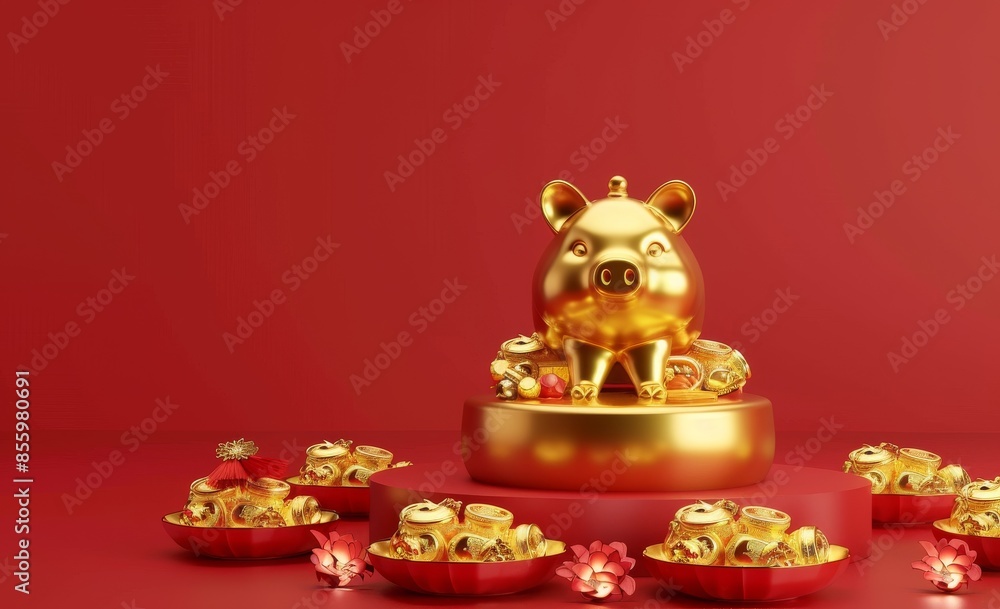 An image of a gold piggy bank and Chinese gold ingots on a red background is used as a Chinese new year background in 3D. An image of a gold piggy bank and Chinese gold ingots on a red background is used as a Chinese new year background in 3D.