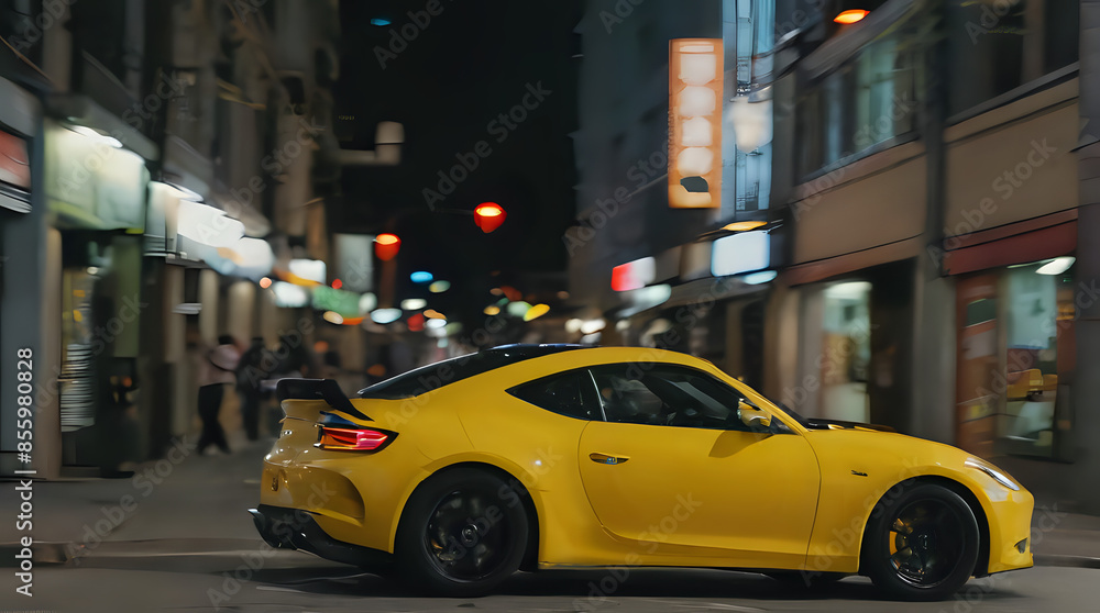 yellow sports car driving down a city street at night yellow sports car driving down a city street at night