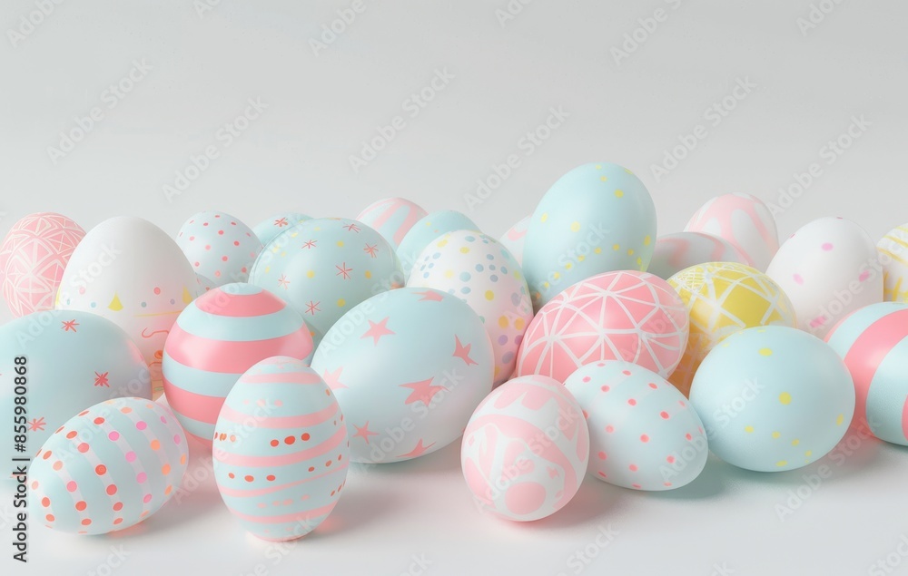 Fototapeta premium A group of painted easter eggs on white background with a copy space on the right side is rendered in 3D