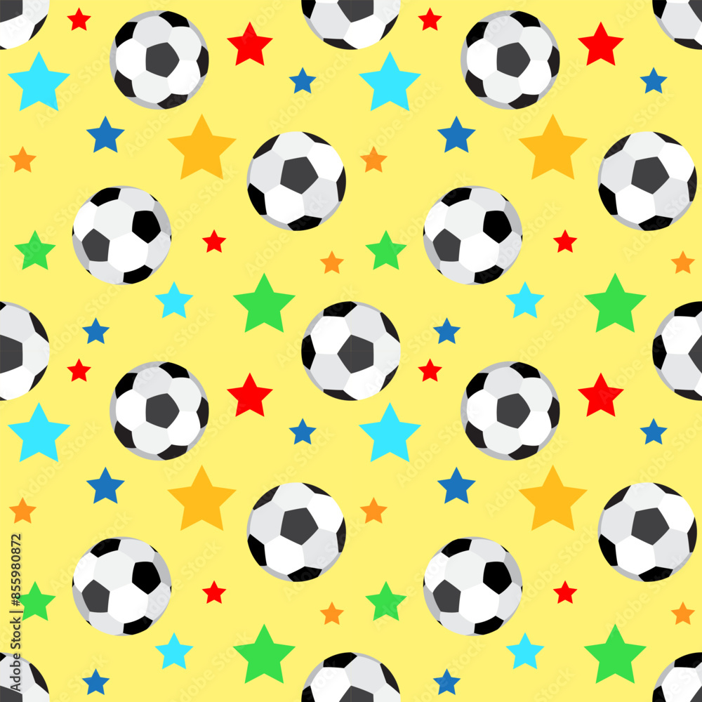 Soccer balls on a yellow background with bright multi-colored stars. Sports seamless pattern, print. Vector illustration Soccer balls on a yellow background with bright multi-colored stars. Sports seamless pattern, print. Vector illustration