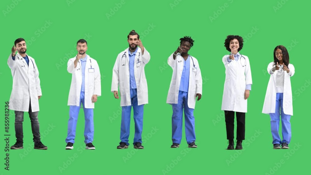 A group of doctors, in full height, on a green background, points forward