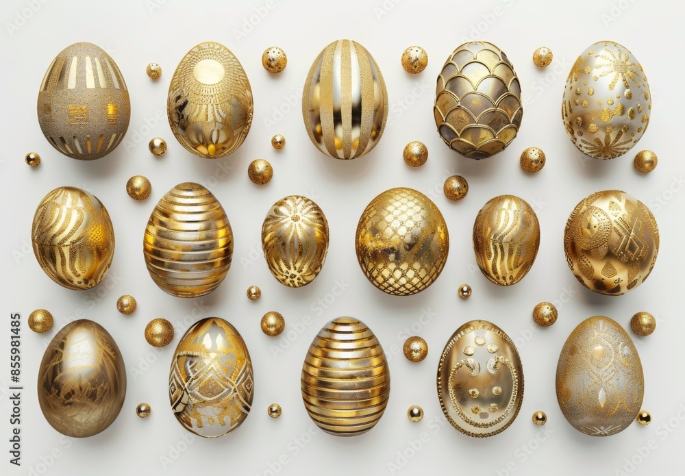 An Easter background 3D rendering with golden easter eggs painted on a white podium An Easter background 3D rendering with golden easter eggs painted on a white podium