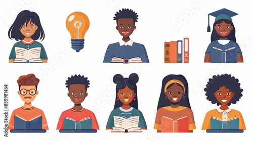 Online education and graduation concept. Vector flat design people illustration set. African nale and female teacher with student character. Book, laptop, lightbulb, prize symbol