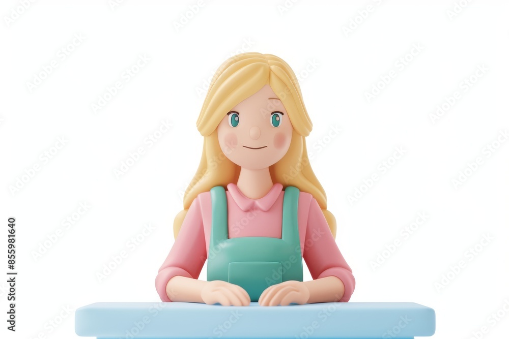 Model of a girl with blonde hair, a pink dress, and a green apron sitting on a blue counter with her arms extended Model of a girl with blonde hair, a pink dress, and a green apron sitting on a blue counter with her arms extended