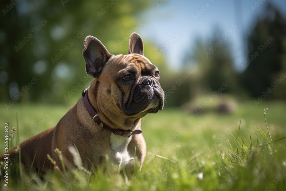 Fototapeta premium A brown and white dog is laying in the grass