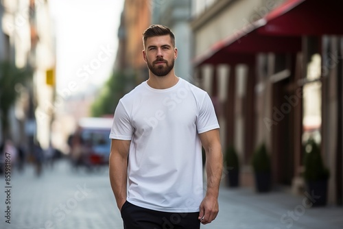 A man in a white shirt is walking down a street
