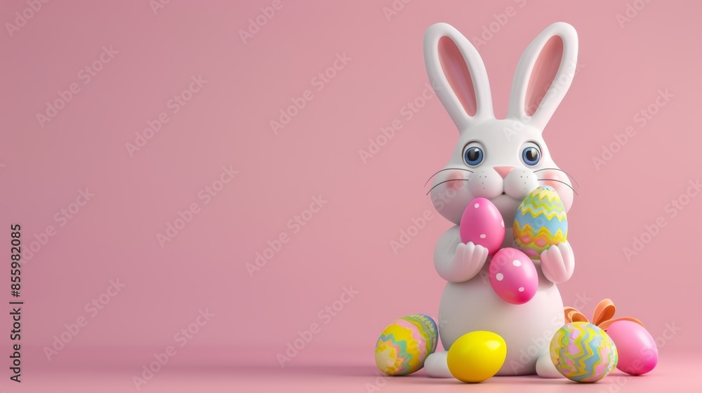 Three-dimensional cartoon Easter bunny holding colorful Easter eggs Three-dimensional cartoon Easter bunny holding colorful Easter eggs