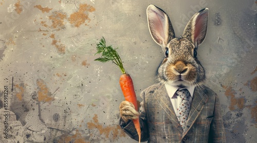 A businessman wears a suit with a rabbit's head and holds on to a carrot. A carrot and stick concept has been used. photo