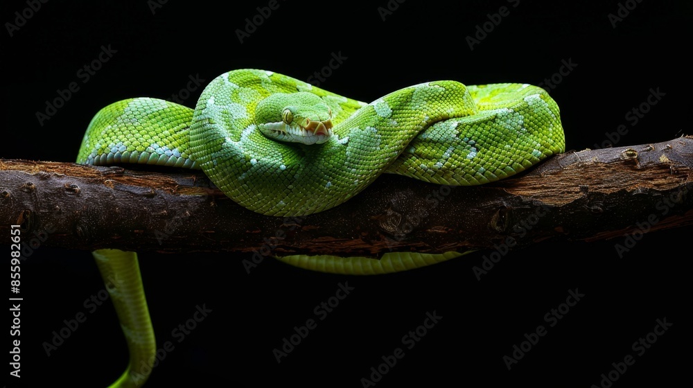 Naklejka premium Bright Green Snake on a Branch Generative AI
