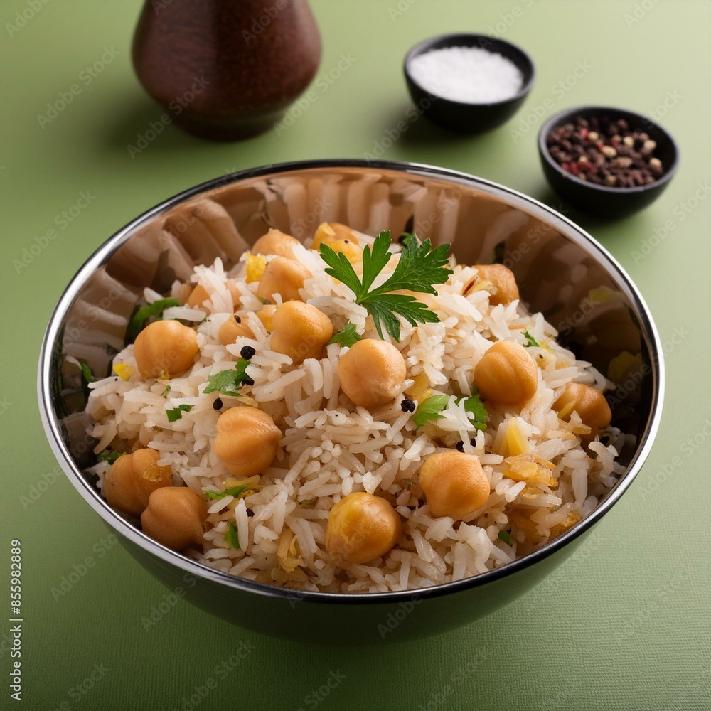 Indian cuisine food Chickpea pulao also known as chana pulao or pulav on green background Indian cuisine food Chickpea pulao also known as chana pulao or pulav on green background