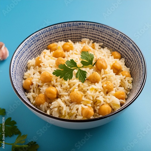 Indian cuisine food Chickpea pulao also known as chana pulao or pulav on blue background  photo