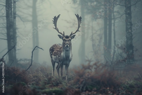 A lone fallow deer buck standing in a foggy forest photo