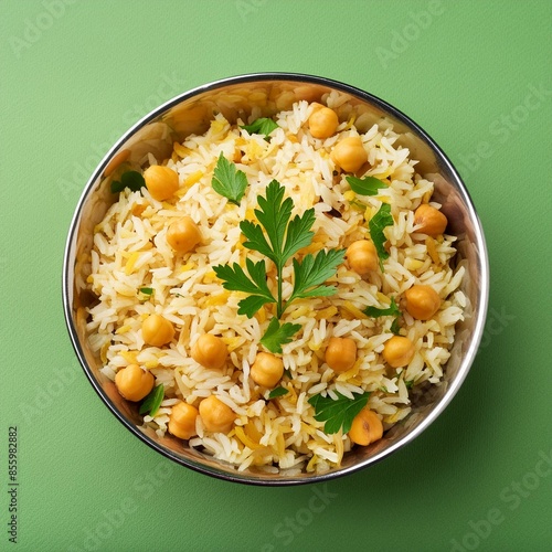 Indian cuisine food Chickpea pulao also known as chana pulao or pulav on green background  photo