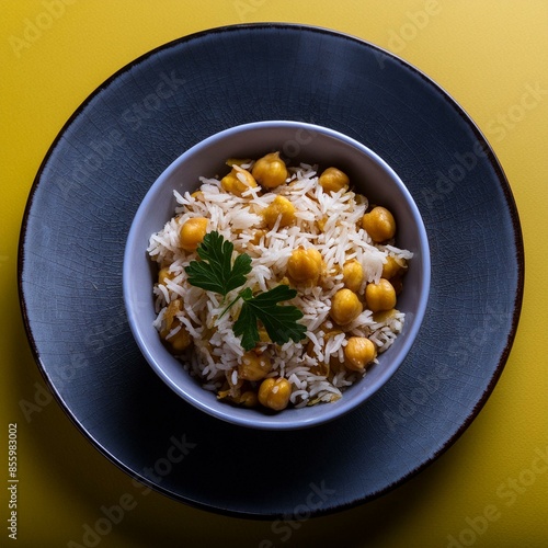 Indian cuisine food Chickpea pulao also known as chana pulao or pulav on yellow background  photo