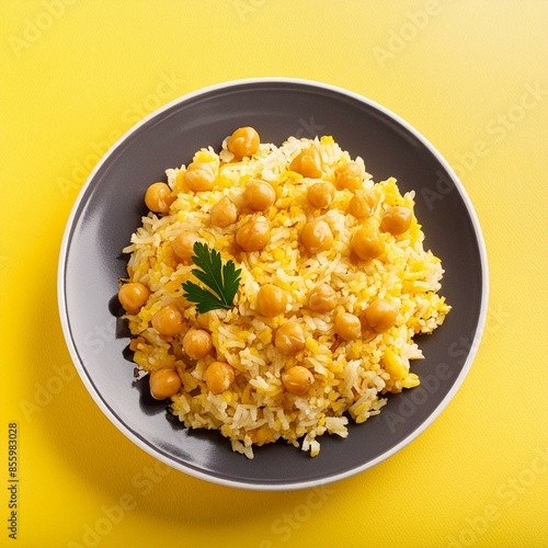 Indian cuisine food Chickpea pulao also known as chana pulao or pulav on yellow background 