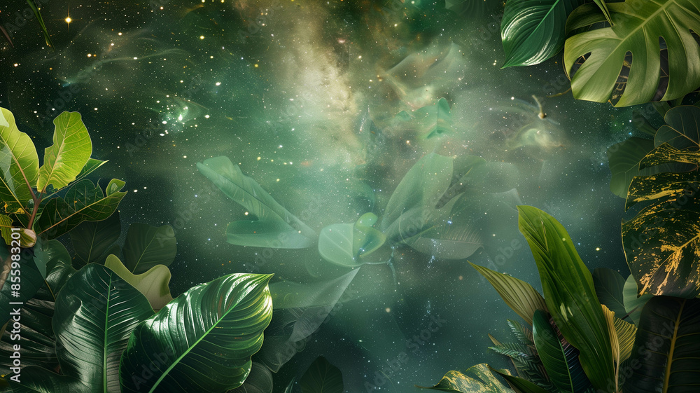 Fototapeta premium elegant display of tropical leaves with various shades of green, set against an enchanting space background with nebulae and stars,