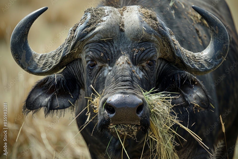 Naklejka premium A male cape buffalo close up of face. Bull stands at attention with a mouth full of grass looking silly funny humorous and menacing