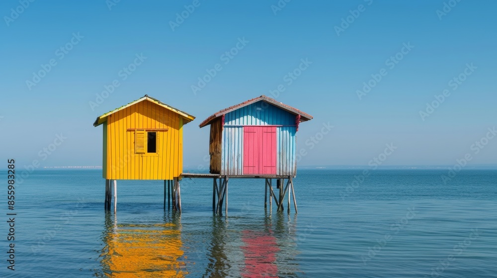 Fishing cabins with vibrant paint, standing on stilts over the sea, clear blue sky in the background, raw texture and style Fishing cabins with vibrant paint, standing on stilts over the sea, clear blue sky in the background, raw texture and style