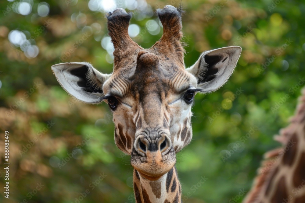 Fototapeta premium A male giraffe with bend horns front view portrait of face head and part of neck. This giraffe has darker hair due to older age