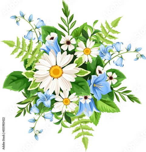 Wild flowers. Bouquet of daisy, bluebell flowers, fern, and green leaves isolated on a white background. Vector illustration