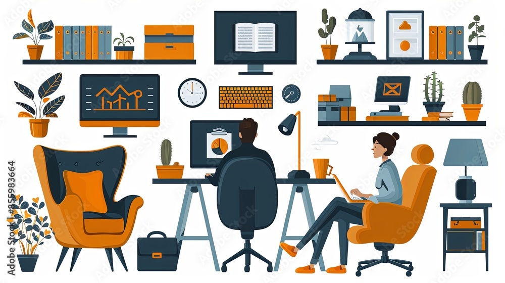 online business in the pandemic, tables with computers and laptops, the investor holds money in ideas, set flat vector modern illustration online business in the pandemic, tables with computers and laptops, the investor holds money in ideas, set flat vector modern illustration