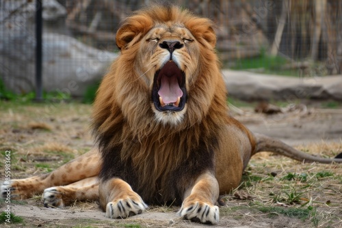 A male lion prepares to roar. Lying down in Â¾ view with legs tucked under and paws in front. Full mane and open mouth