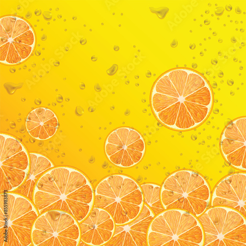 Vector Dropping Fresh Orange Fruits with slice with Yellow Background