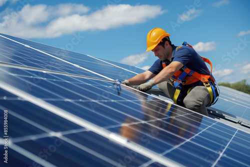 An engineer installs and adjusts the operation of solar panels