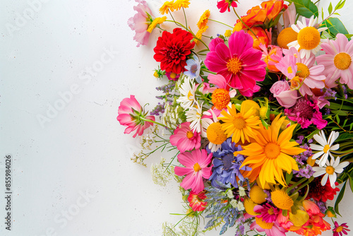 Top View Colorful Floral Arrangement. Colorful assortment of flowers on a white background, ideal for festive occasions.