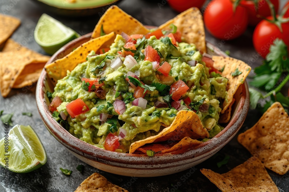 A bowl of creamy guacamole surrounded by tortilla chips and lime wedges. A bowl of creamy guacamole surrounded by tortilla chips and lime wedges.