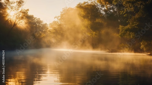 Golden sunlight filters through trees, casting a mystical atmosphere over the calm river in a natural woodland setting