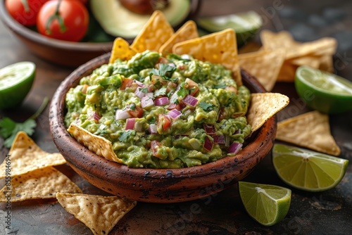 A bowl of creamy guacamole surrounded by tortilla chips and lime wedges. 