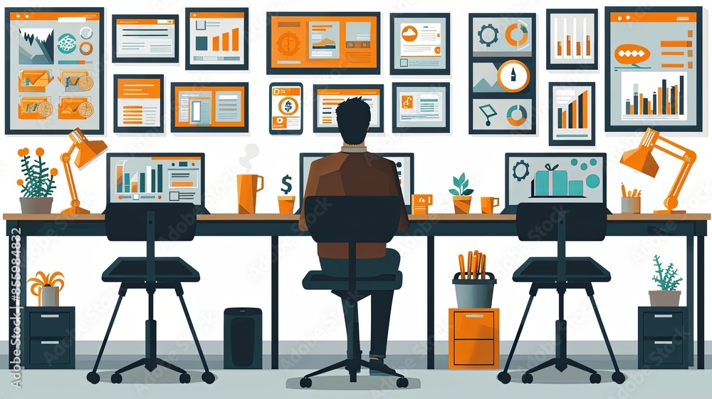 online business in the pandemic, tables with computers and laptops, the investor holds money in ideas, set flat vector modern illustration online business in the pandemic, tables with computers and laptops, the investor holds money in ideas, set flat vector modern illustration