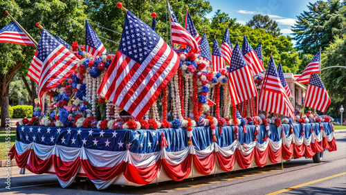 Patriotic 4th of July Parade Float with American Flags and Decorations