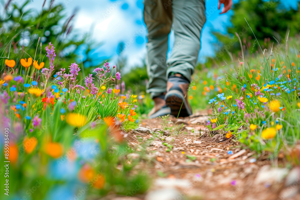 Low Angle View of Hiking Trail with Wildflowers. Close-up of a person walking along a vibrant wildflower trail, suitable for travel and nature themes. Low Angle View of Hiking Trail with Wildflowers. Close-up of a person walking along a vibrant wildflower trail, suitable for travel and nature themes.