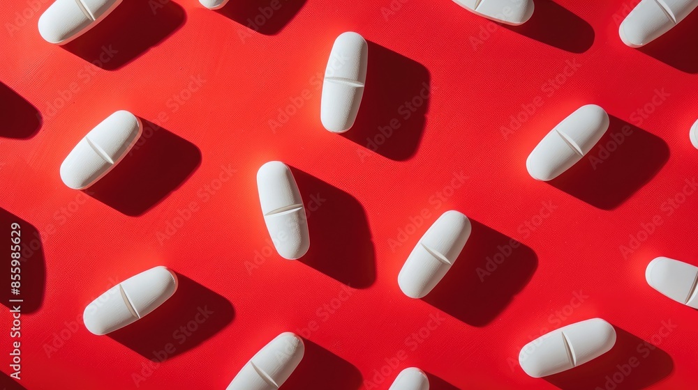 White Medication Tablets on Bold Red Background in Retro 80s and 90s Style with Strong Lighting and Sharp Shadows Overhead Shot High Quality Image White Medication Tablets on Bold Red Background in Retro 80s and 90s Style with Strong Lighting and Sharp Shadows Overhead Shot High Quality Image