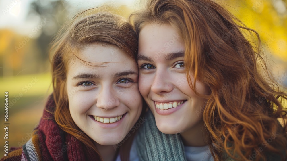 Obraz premium Two close friends enjoying a warm embrace in a park, their faces lit by soft sunlight and happiness