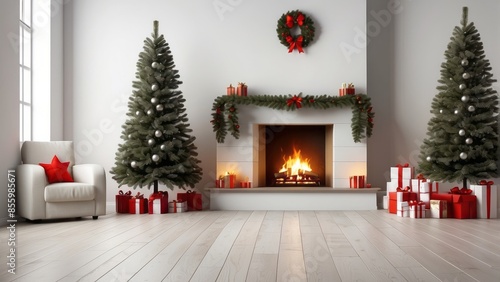 Interior home of living room with fireplace and christmas tree on white wall copy space