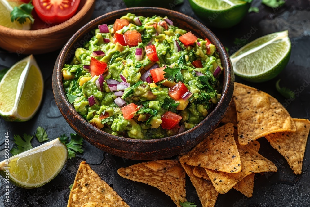 A bowl of creamy guacamole surrounded by tortilla chips and lime wedges. A bowl of creamy guacamole surrounded by tortilla chips and lime wedges.