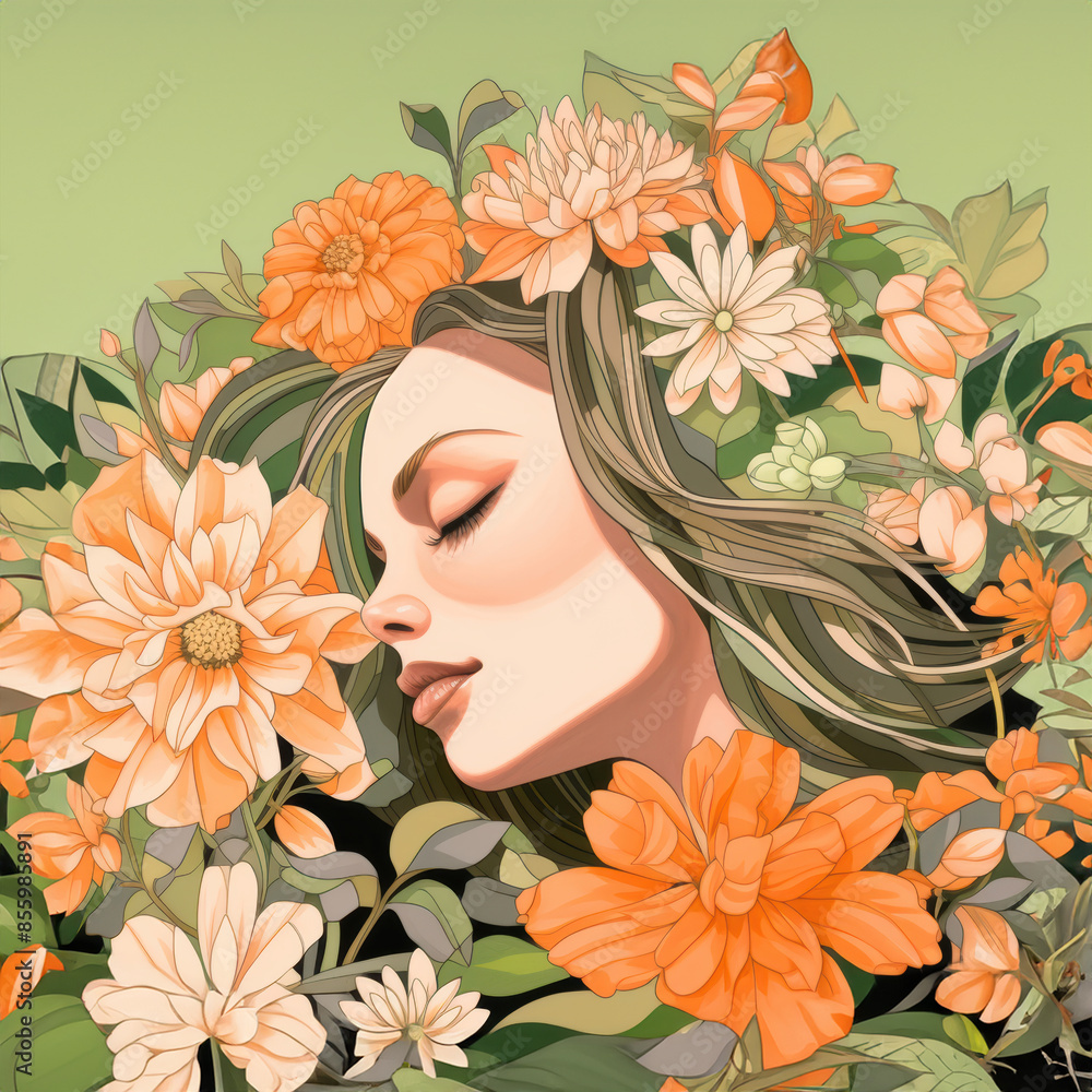 Illustration of a woman in flowers, art nouveau Illustration of a woman in flowers, art nouveau