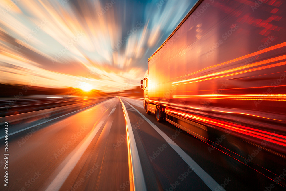 Dynamic Sunset Highway Truck Motion. Blurred motion of a truck on highway at sunset, implying speed in logistics and transportation. Dynamic Sunset Highway Truck Motion. Blurred motion of a truck on highway at sunset, implying speed in logistics and transportation.