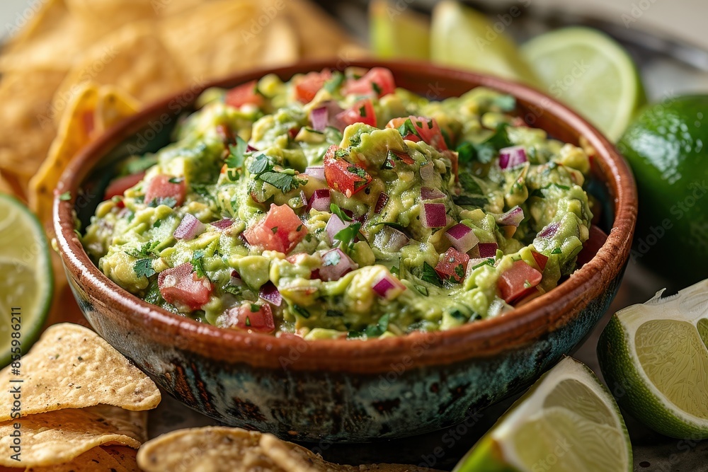 A bowl of creamy guacamole surrounded by tortilla chips and lime wedges. A bowl of creamy guacamole surrounded by tortilla chips and lime wedges.