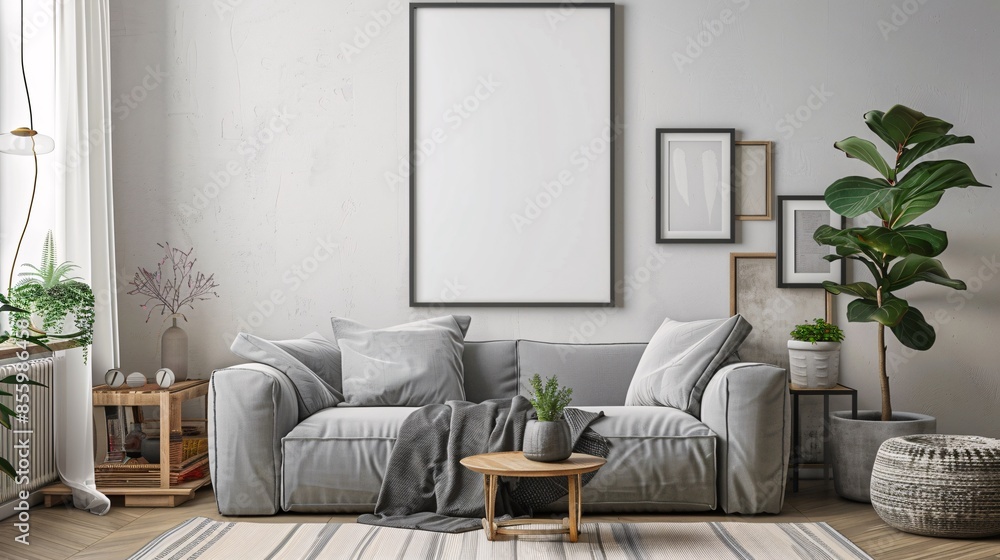 Blank poster frame on a wall in a living room with a comfortable and cozy atmosphere Blank poster frame on a wall in a living room with a comfortable and cozy atmosphere